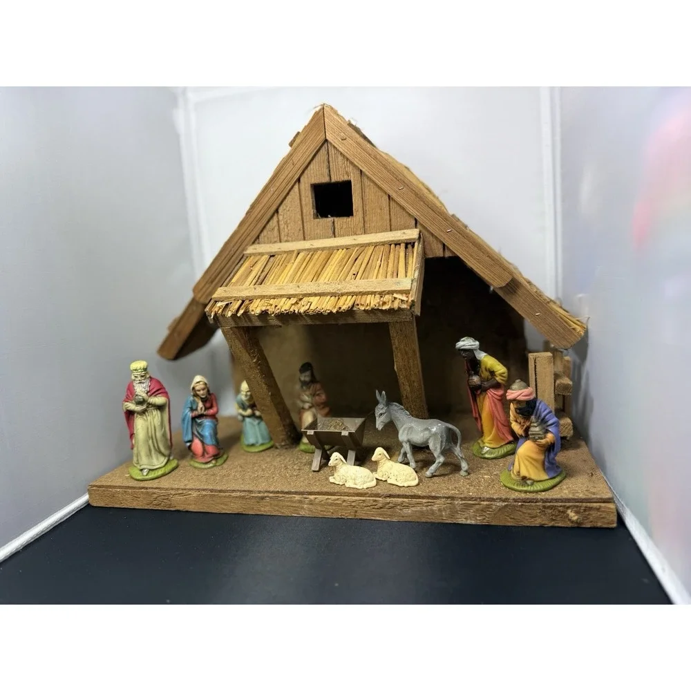 Vintage Christmas Nativity Scene Set 10 Resin Figures Wood Manger Germany‎